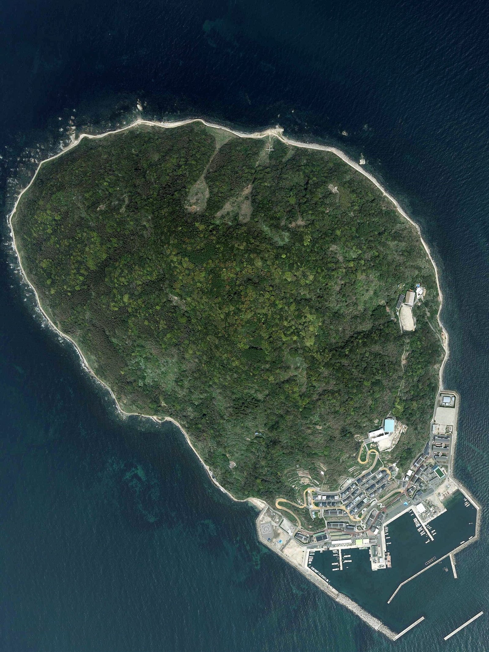 玄界島の空中写真。2005年の地震で大きな被害が出た島（国土地理院 / CC BY 4.0、ウィキメディア・コモンズ）
