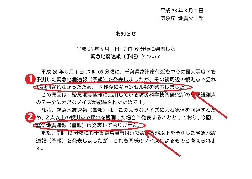 気象庁のお知らせ（2016年8月1日）— ① 15秒後にキャンセル報 ② このときは警報を出していない