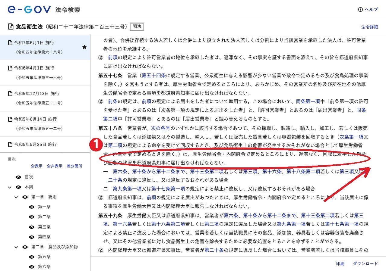 同じ法律の第五十八条。①食品を回収するときは、回収に着手した旨と状況を都道府県知事に届け出る