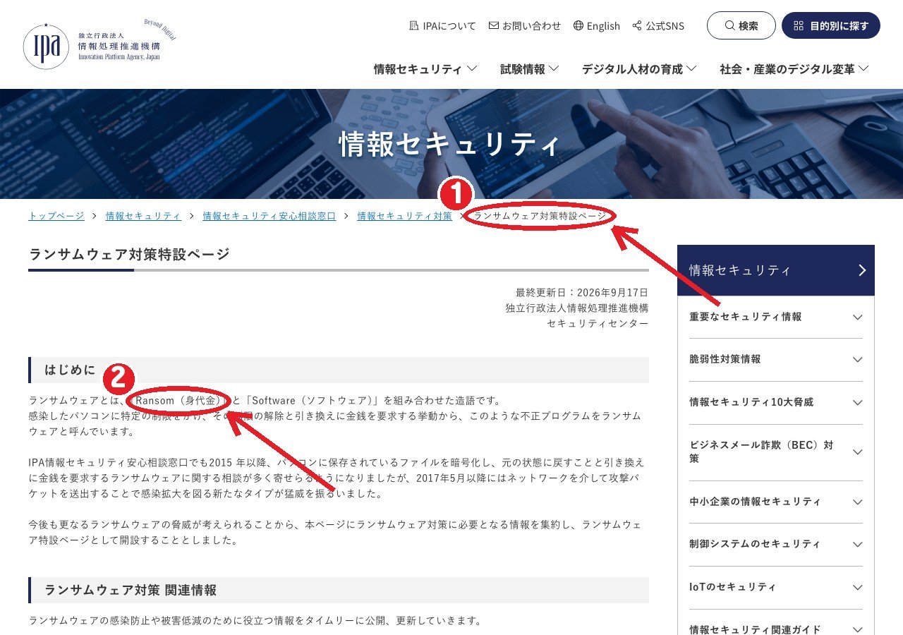 IPA「ランサムウェア対策特設ページ」。①ページ名 ②Ransom（身代金）とSoftwareの造語