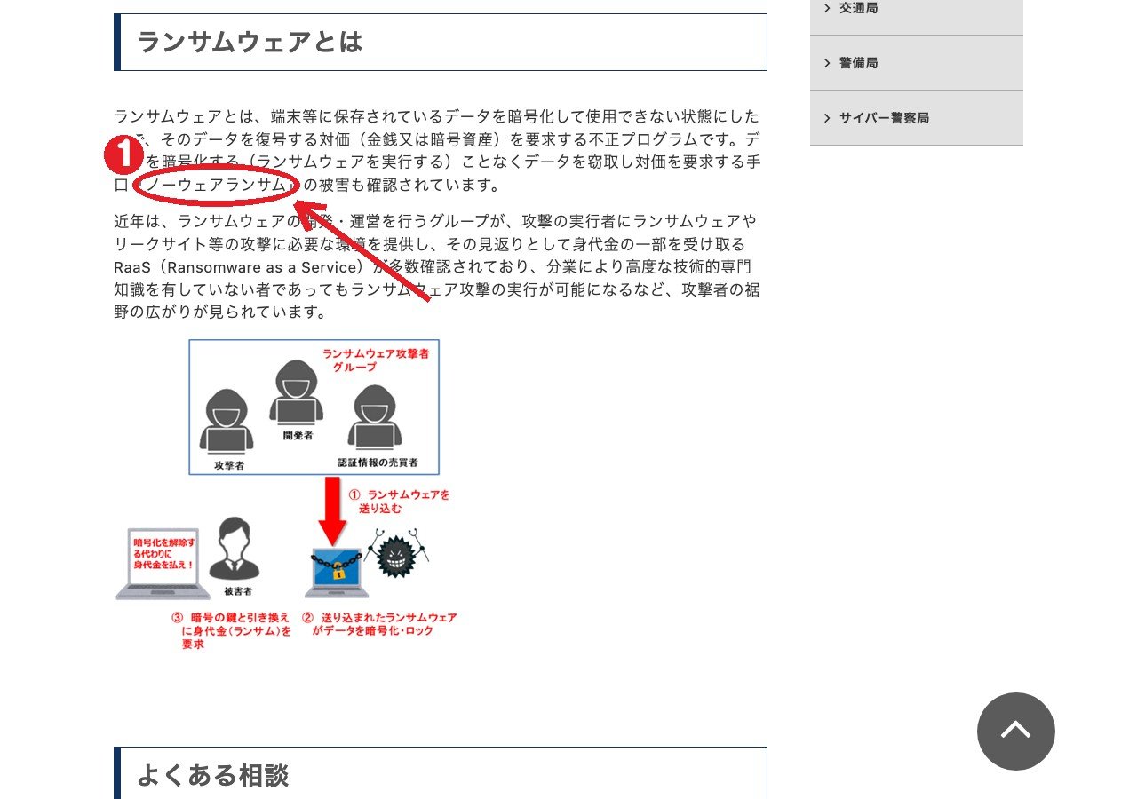 警察庁「ランサムウェア被害防止対策」のページ。①データを盗んで対価を求める「ノーウェアランサム」