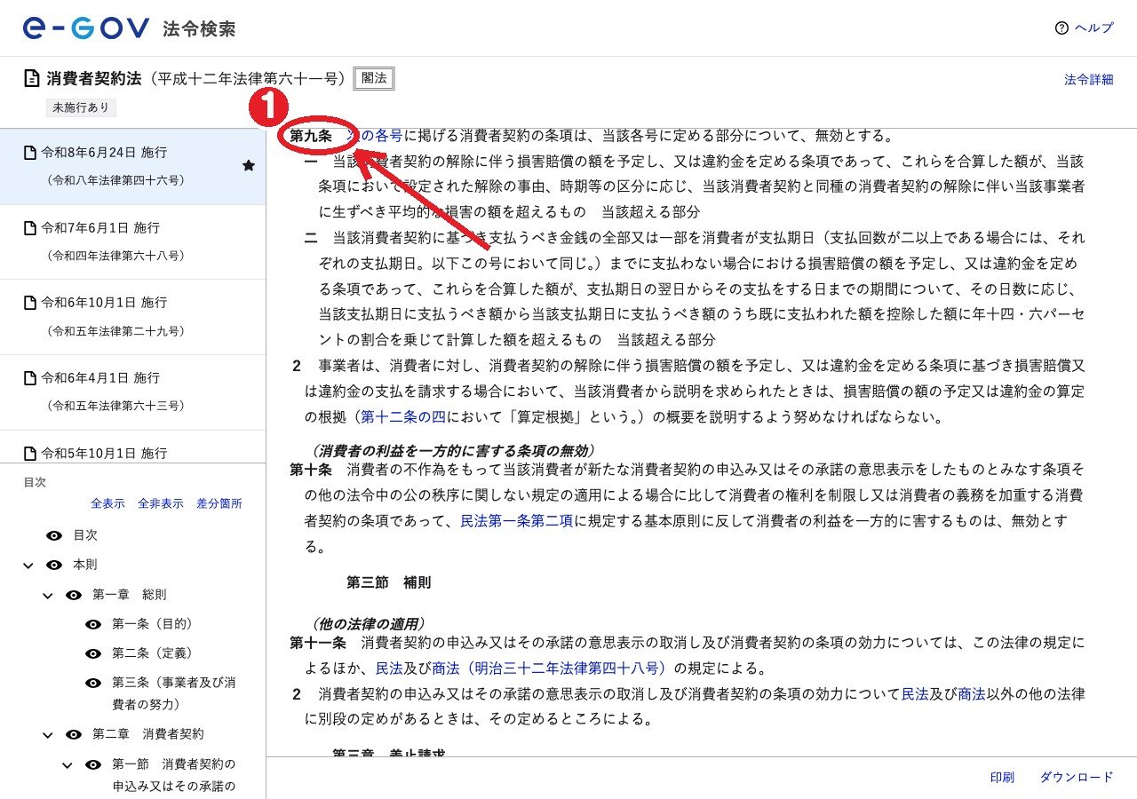 e-Gov法令検索「消費者契約法」。①第9条（平均的な損害を超える違約金は無効）