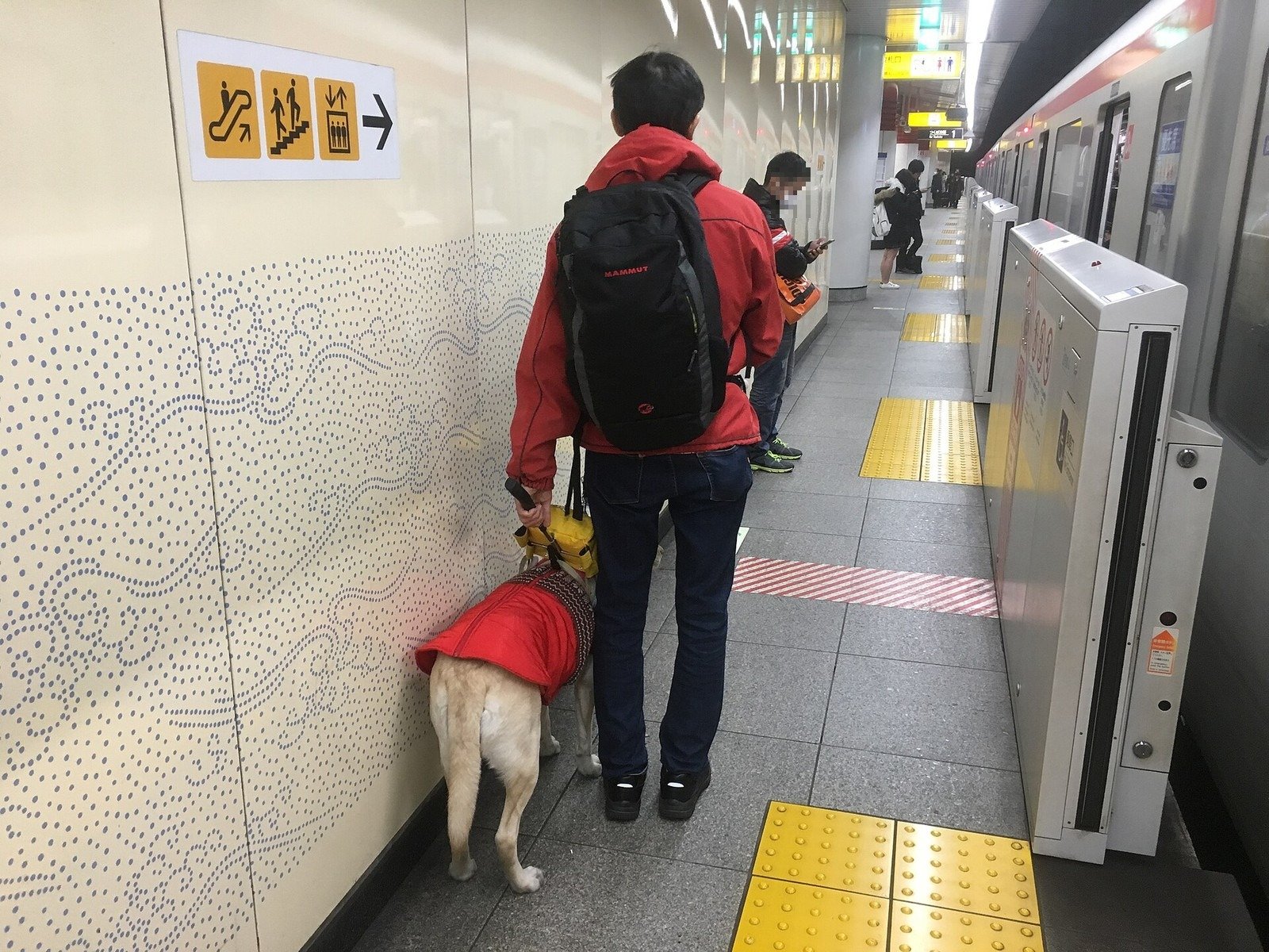 東京・浅草駅のホームで待つ盲導犬と利用者（写真: Nesnad / CC BY 4.0（ウィキメディア・コモンズ）、イメージ写真）